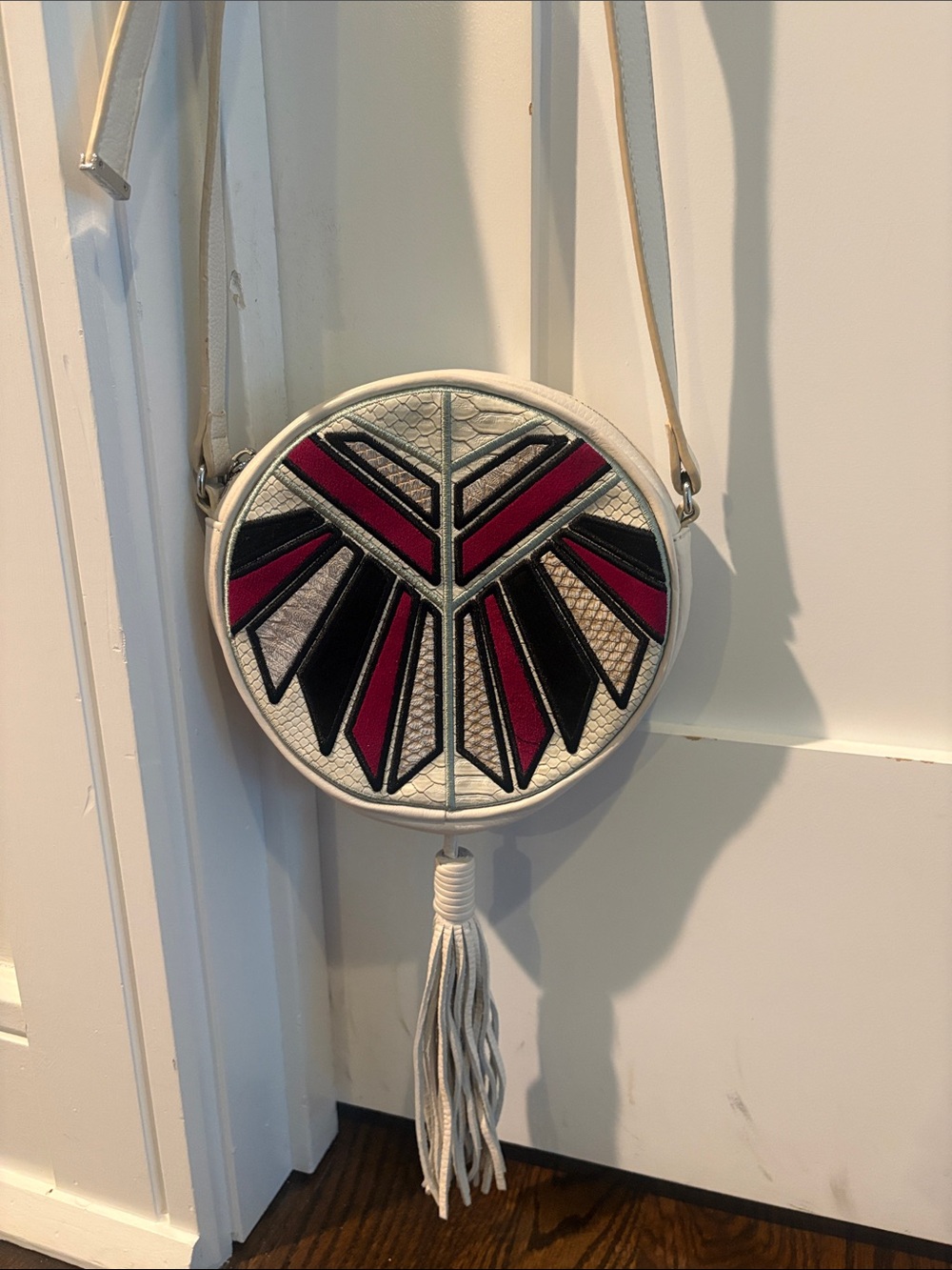 Sam Edelman Leather Round Off White Multi Bohemian Fringe Crossbody Bag